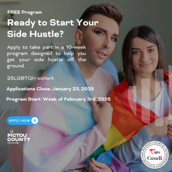 Image of two individuals. One is wrapped trans pride flag, and the other in the rainbow pride flag. The image includes text about applying for the Side Hustle progra,. 